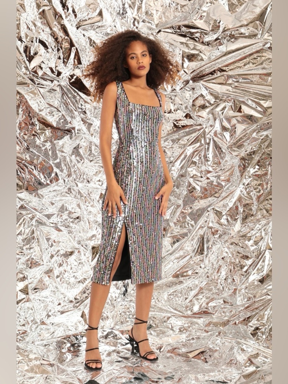 Donna Morgan Lux Sequin Striped Square-Neck Midi Dress in Silver Multi